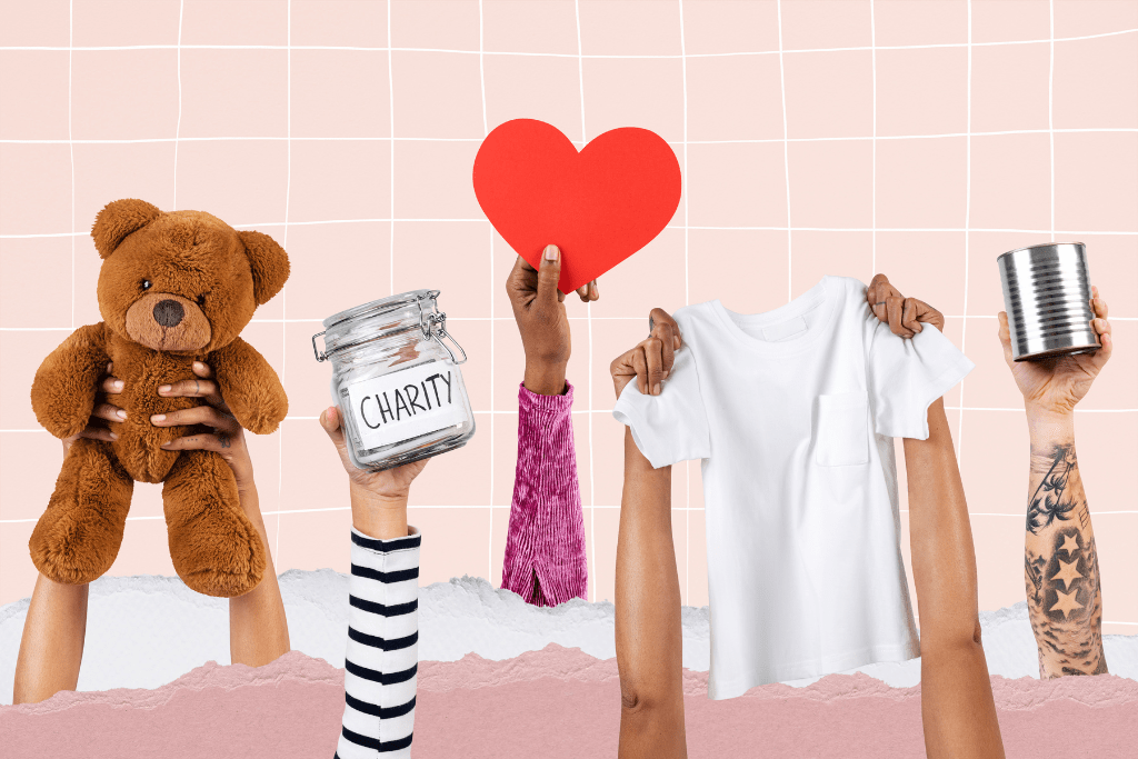 hands showing teddy bear, charity boxes and clothes for donation.
