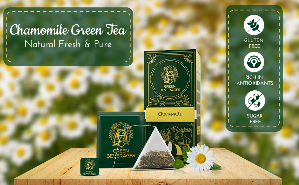green beverages chamomile tea, chamomile flower, pyramid tea bag