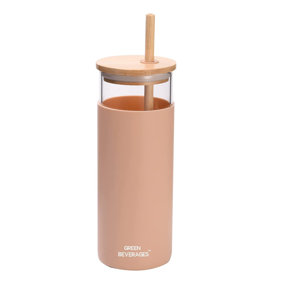 glass bottle with muted pink silicone sleeve.
